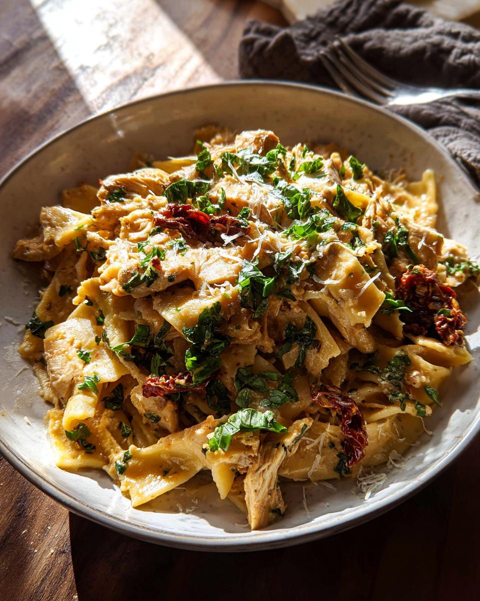 A close-up of a creamy chicken pasta bowl with sun-dried tomatoes and fresh herbs.