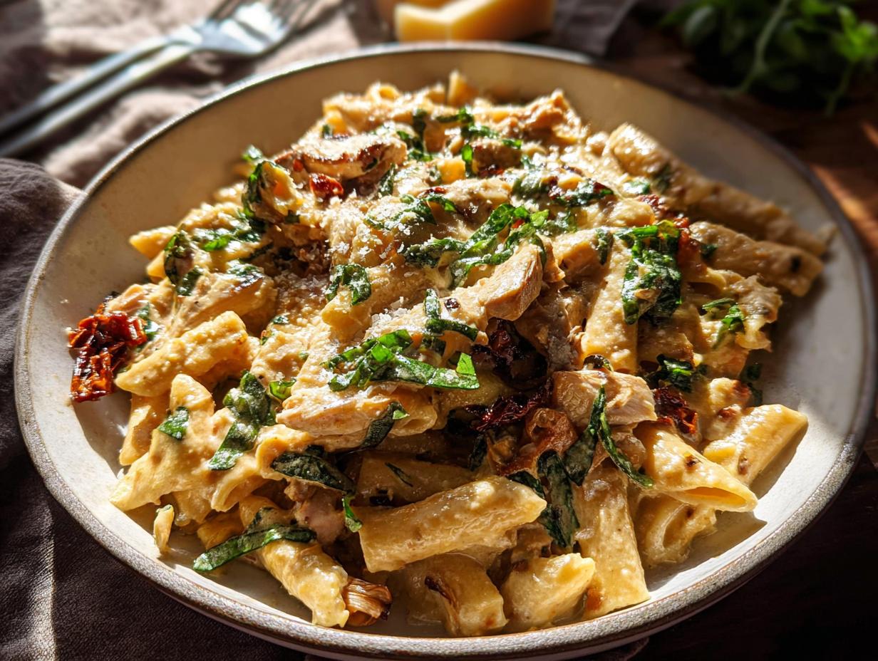 A close-up of a creamy chicken pasta bowl with sun-dried tomatoes and spinach, part of The Only Rice Bowls Recipes Recipe.