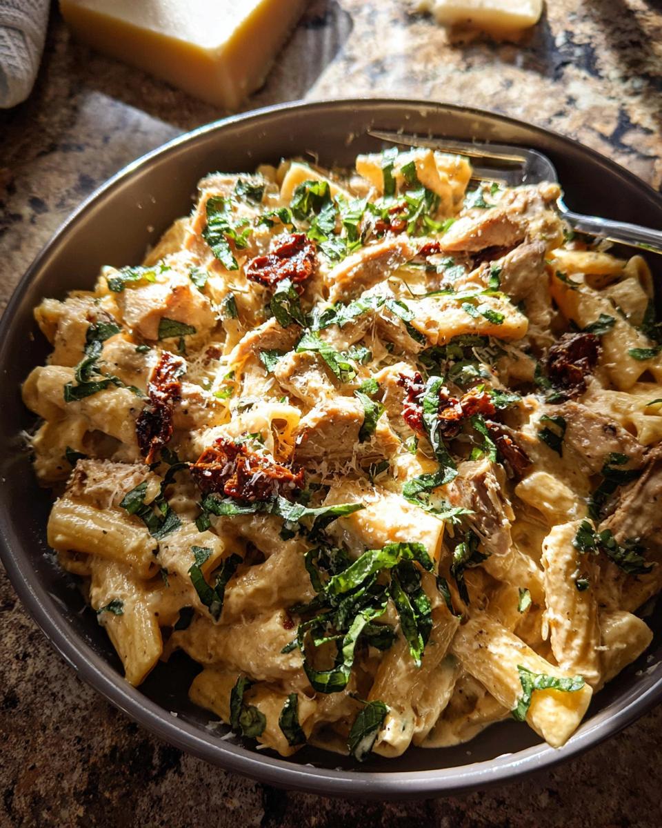 A close-up of a creamy chicken pasta bowl topped with sun-dried tomatoes and fresh basil.