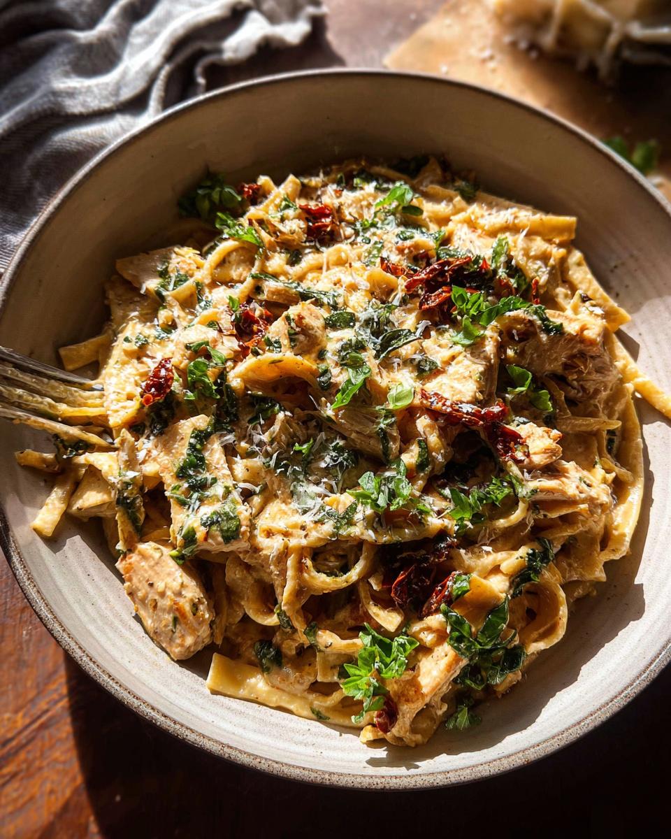 A close-up of a creamy chicken pasta bowl topped with sun-dried tomatoes and fresh herbs.