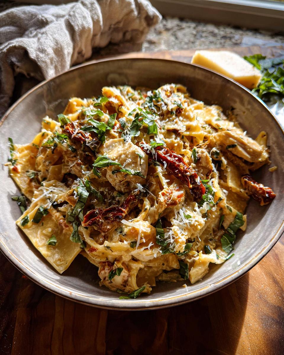 A close-up of creamy chicken pasta with sun-dried tomatoes and fresh basil, part of The Only Rice Bowls Recipes Recipe.