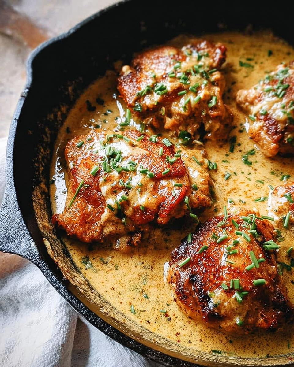 Close-up of pan-seared chicken thighs in a creamy sauce, garnished with chives, from The Ultimate Chicken Thigh Recipes Guide for Beginners.