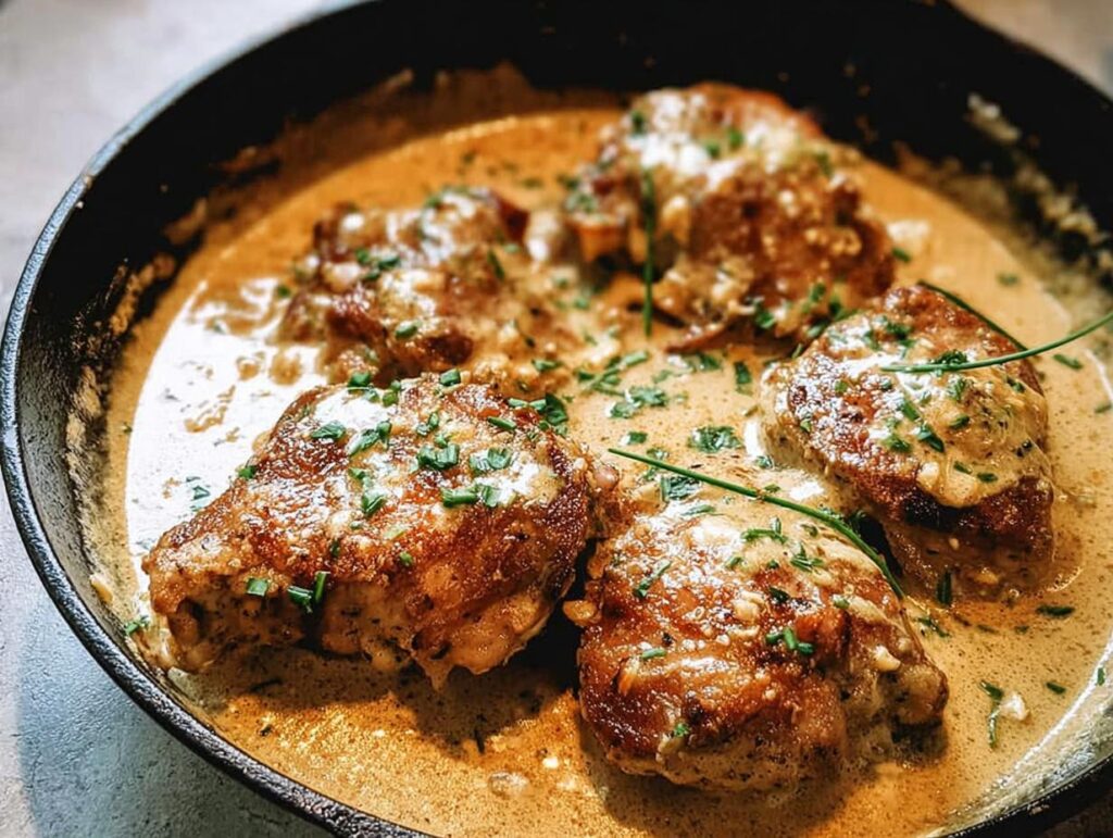 A close-up of pan-seared chicken thighs in a creamy sauce, garnished with chives. A perfect beginner chicken thigh recipe.
