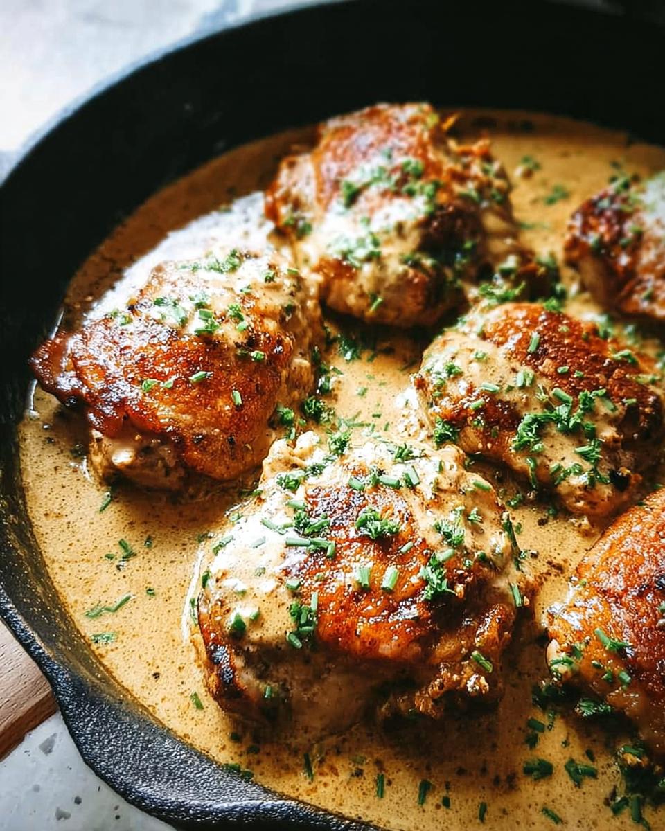 Close-up of pan-seared chicken thighs in a creamy sauce, garnished with chives, from The Ultimate Chicken Thigh Recipes Guide for Beginners.