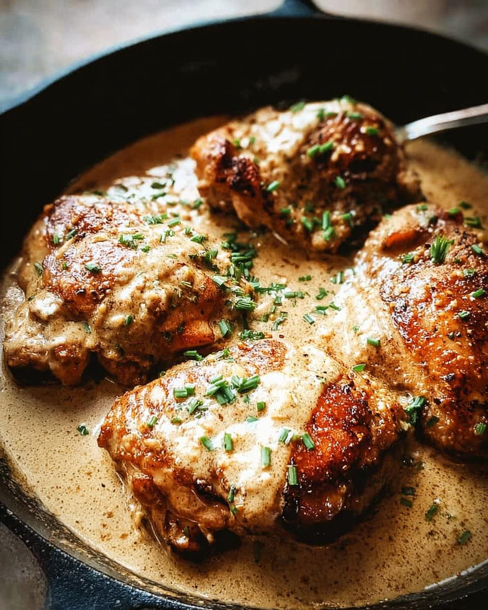 Close-up of pan-seared chicken thighs in a creamy sauce, garnished with chives.