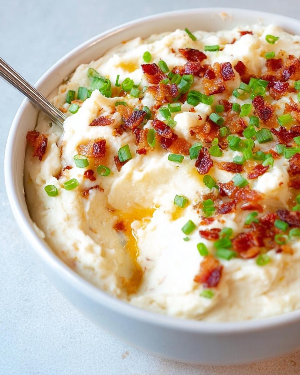 A close-up of creamy mashed potatoes topped with crispy bacon bits and fresh chives.