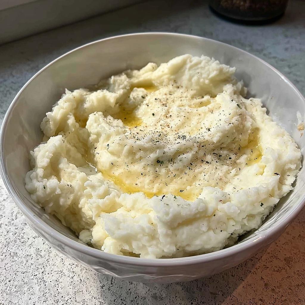 A bowl of creamy mashed potatoes topped with melted butter, herbs, and pepper.