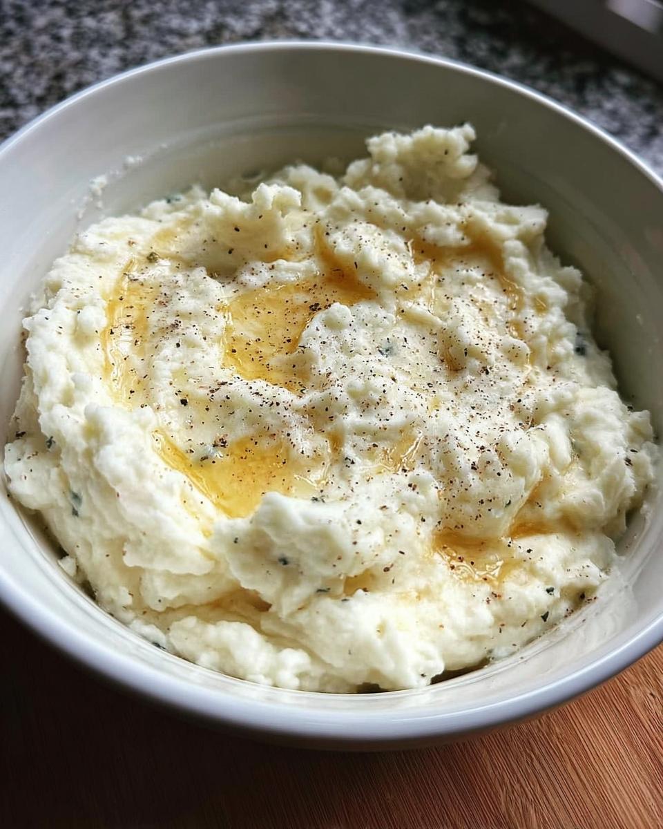 A close-up of creamy mashed potatoes recipe, topped with melted butter and cracked black pepper in a white bowl.