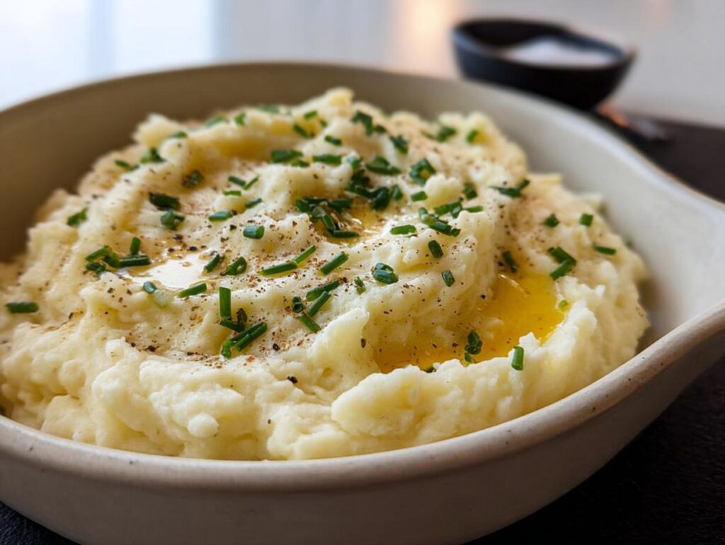 A close-up of creamy mashed potatoes topped with melted butter, fresh chives, and black pepper.