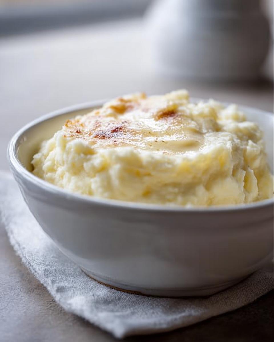 A close-up of a white bowl filled with fluffy, creamy mashed potatoes, topped with a golden-brown butter glaze.