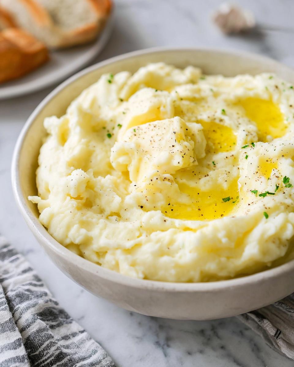 A bowl of creamy mashed potatoes topped with melted butter and black pepper, part of Mashed Potatoes Recipes in 20 Minutes.