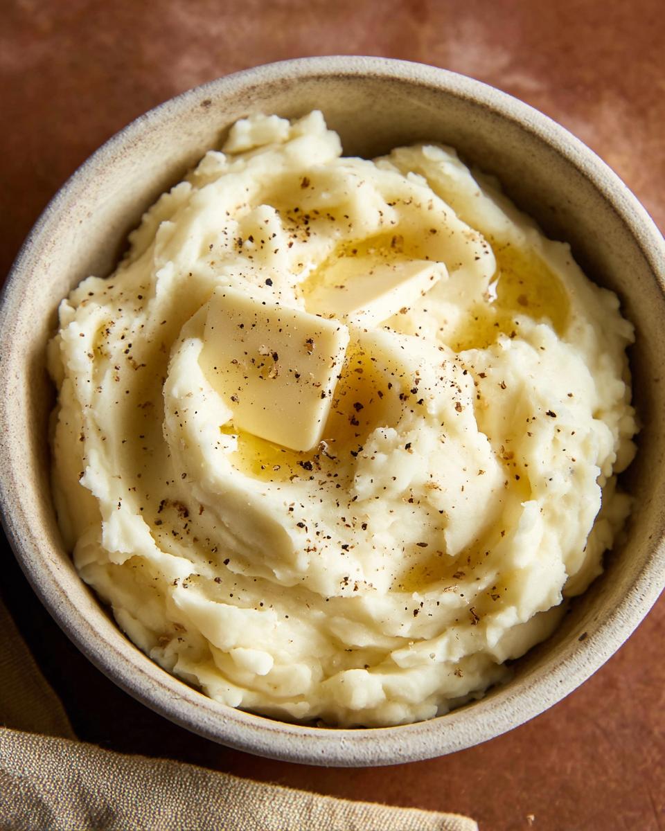 Close-up of creamy mashed potatoes recipe in a bowl, topped with melting butter and cracked black pepper.