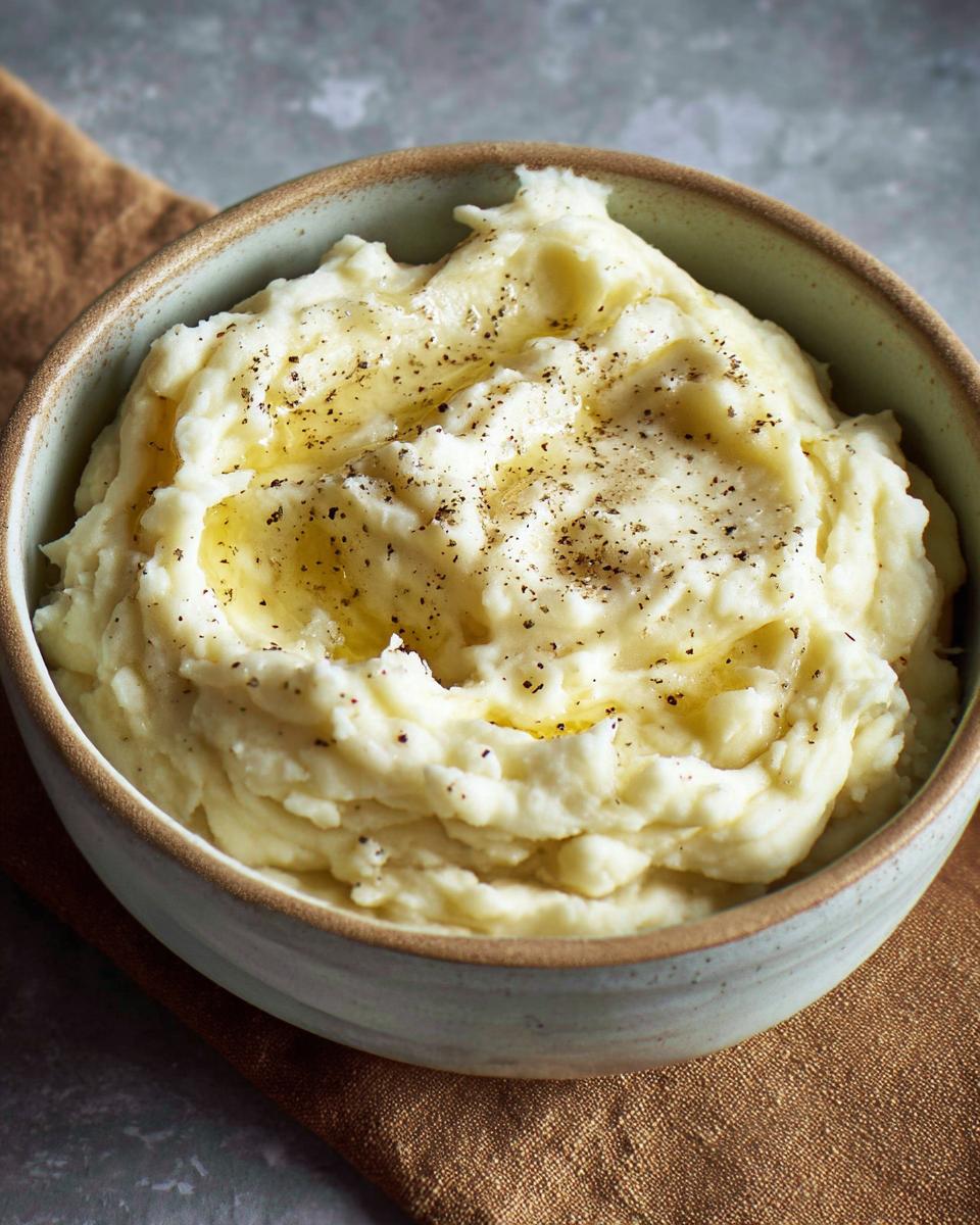 A bowl of creamy mashed potatoes topped with melted butter and cracked black pepper.