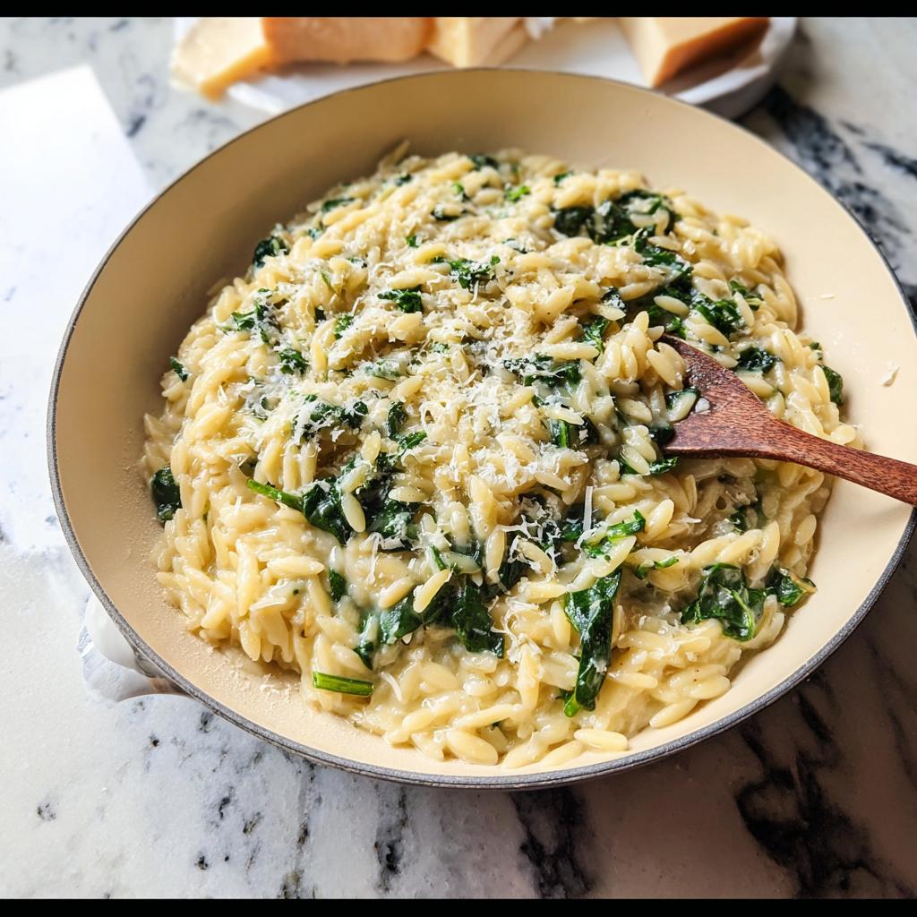 A close-up of creamy orzo pasta with wilted spinach, topped with grated Parmesan cheese. This is a delicious veggie sides recipe.