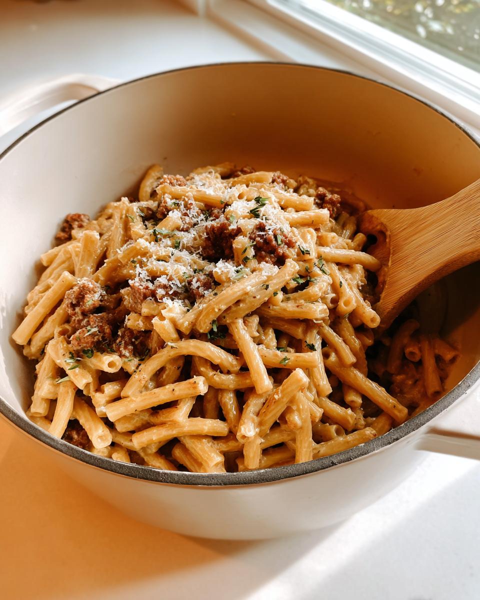 A close-up of creamy pasta with meat sauce, topped with parmesan cheese and herbs, ready for a busy weeknight.