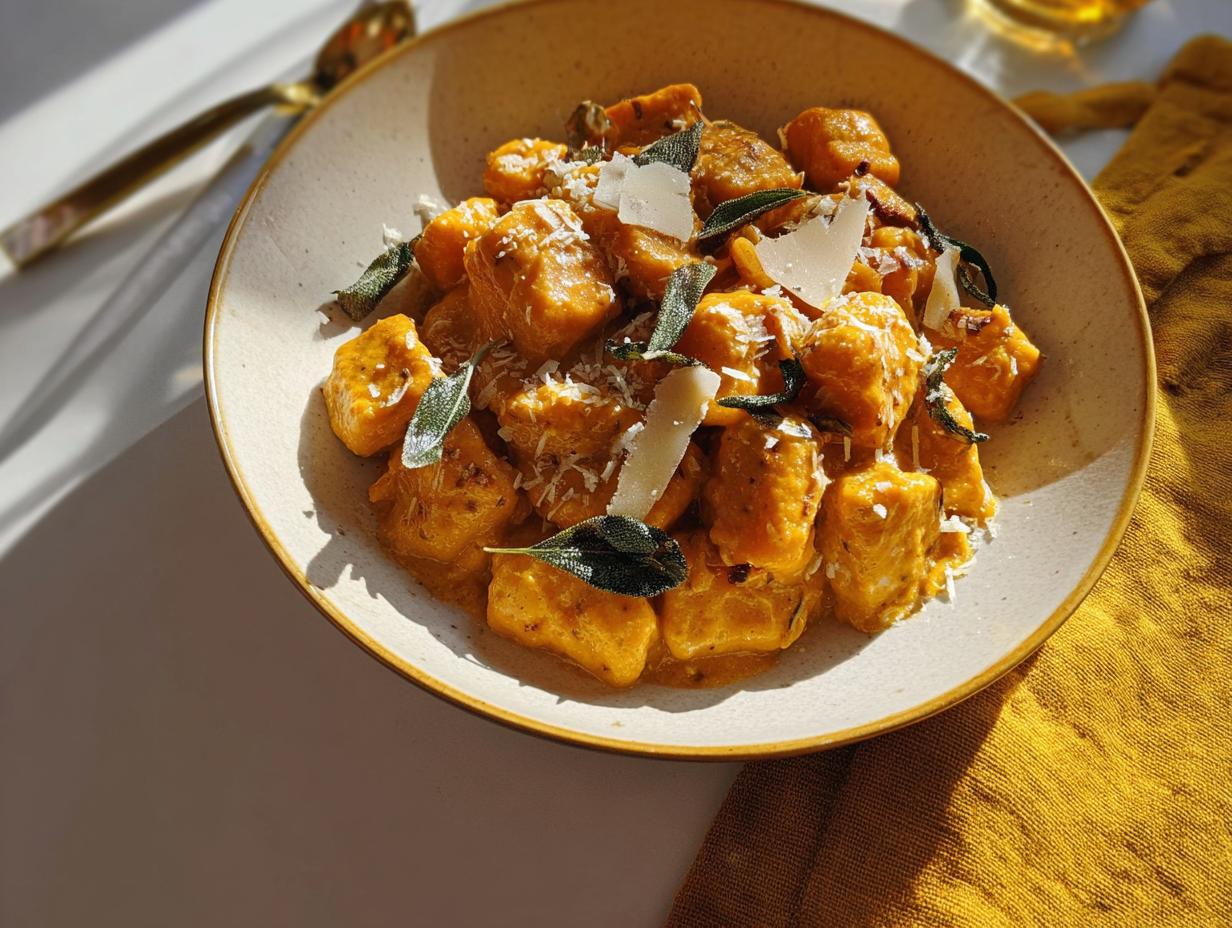 A close-up of creamy pasta recipe with gnocchi, topped with sage leaves and shaved parmesan cheese.