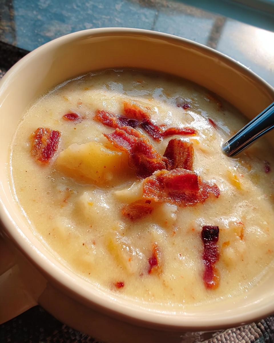 A close-up of a creamy potato bacon soup, a delicious option from 12-Ingredient Soup Recipes.