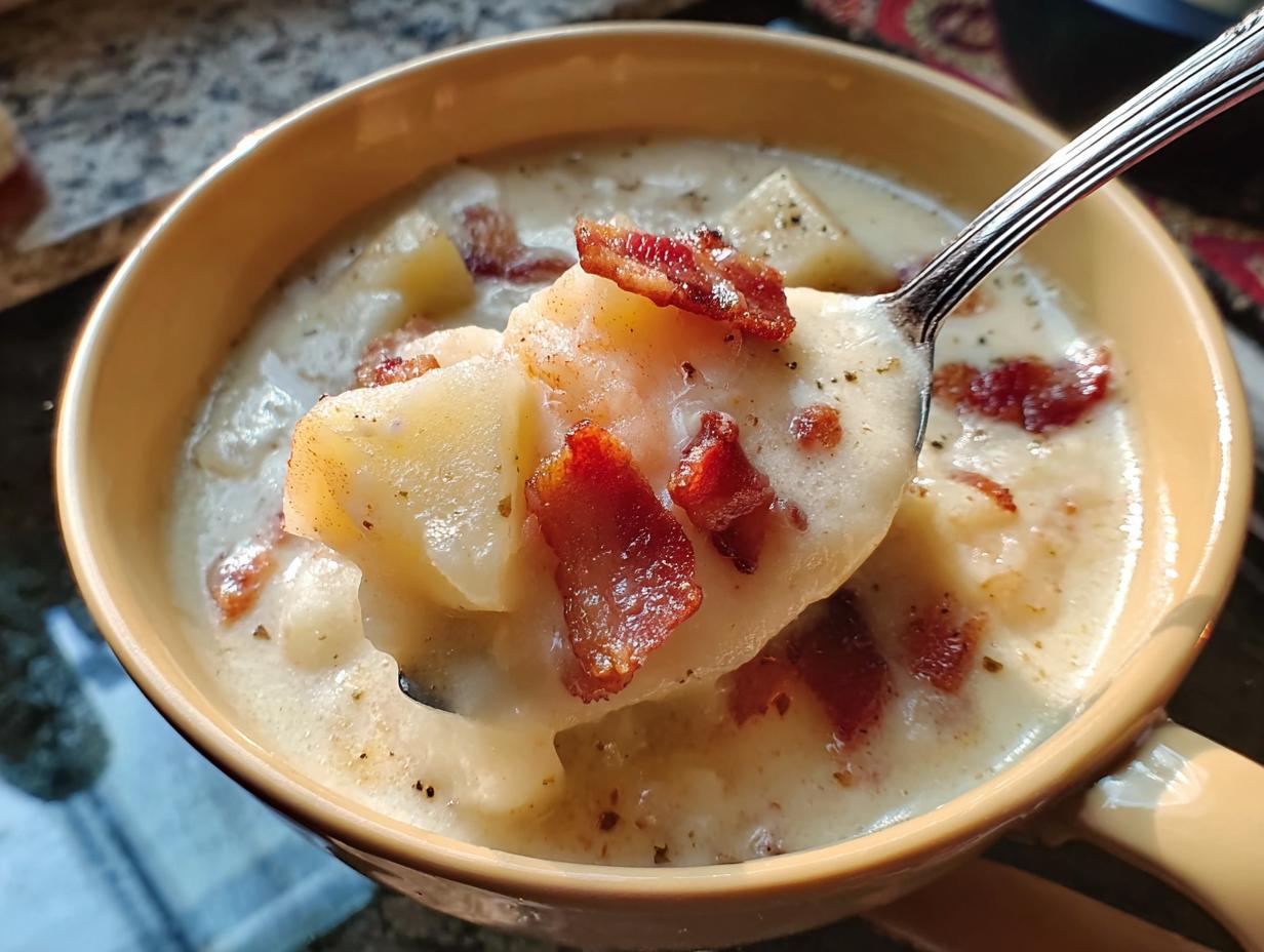 A spoonful of creamy potato bacon soup, showing chunks of potato and crispy bacon bits, from one of the 12-Ingredient Soup Recipes.