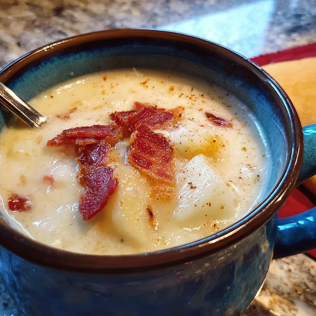 Close-up of a bowl of creamy potato soup topped with crispy bacon, part of 12-Ingredient Soup Recipes.