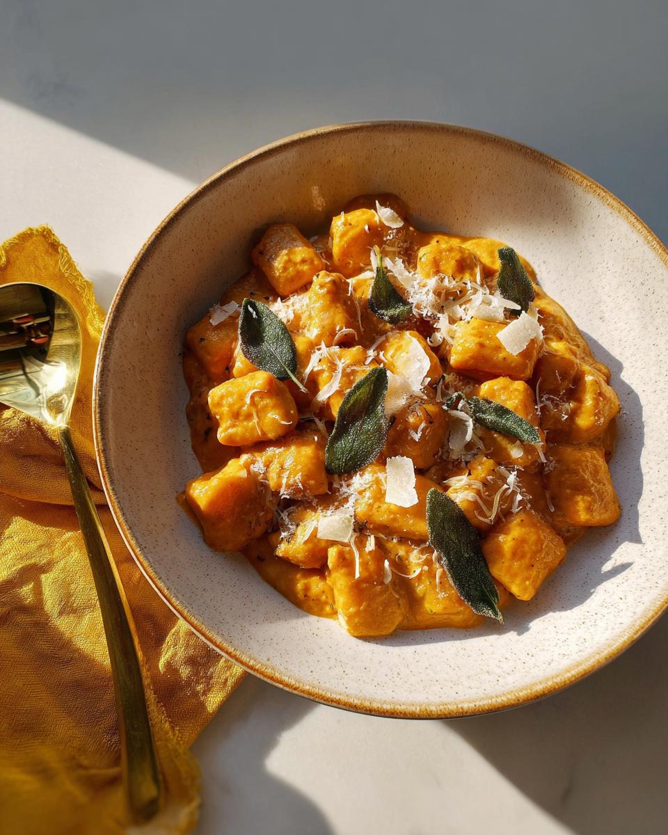Close-up of creamy pumpkin gnocchi pasta in a bowl, topped with sage leaves and parmesan cheese.