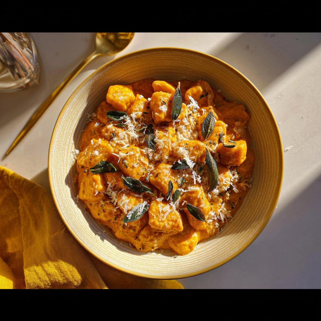 A bowl of creamy pumpkin gnocchi pasta, topped with sage and grated cheese. A perfect pasta recipe.