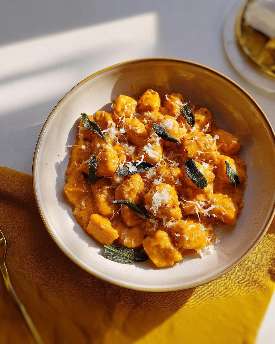 Close-up of creamy pumpkin gnocchi in a bowl, topped with crispy sage leaves and grated Parmesan cheese.