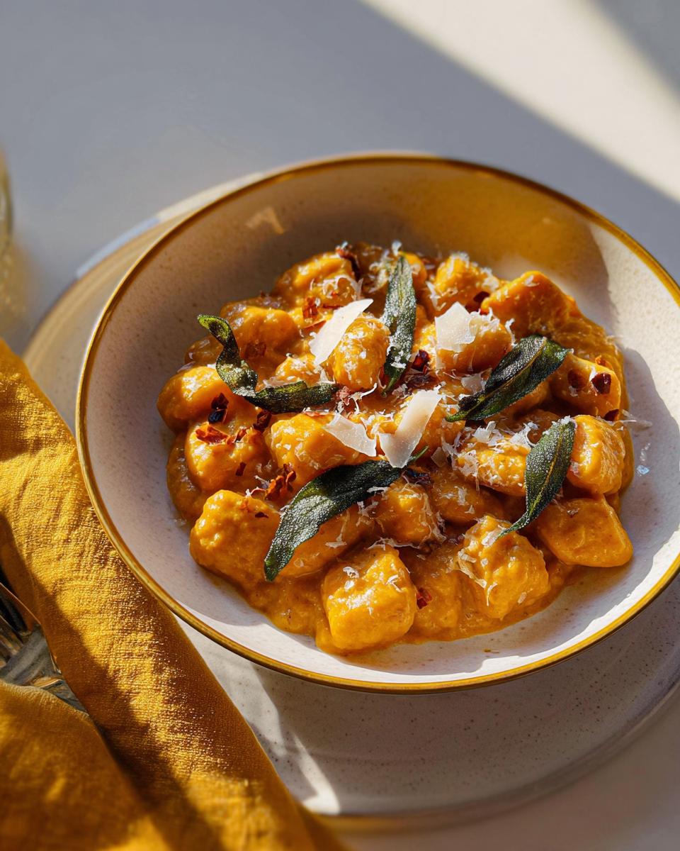 A bowl of creamy pumpkin pasta recipe, garnished with fried sage leaves and shaved parmesan cheese.
