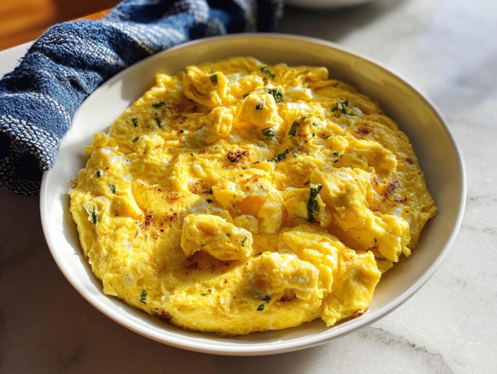 Close-up of fluffy, creamy scrambled eggs with herbs, part of The Only Egg Recipes Recipe.