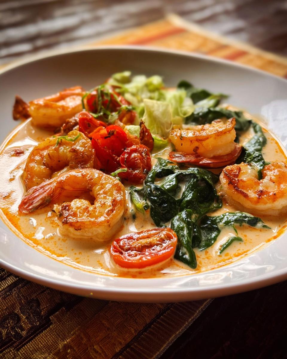 A close-up of a creamy shrimp recipe with wilted spinach, cherry tomatoes, and a side of lettuce.