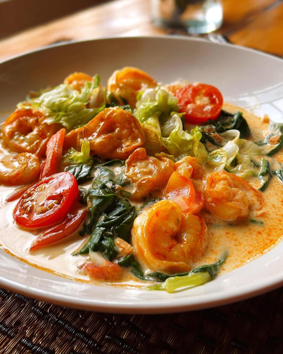 A close-up of a creamy shrimp recipe with plump shrimp, fresh tomatoes, and wilted spinach.