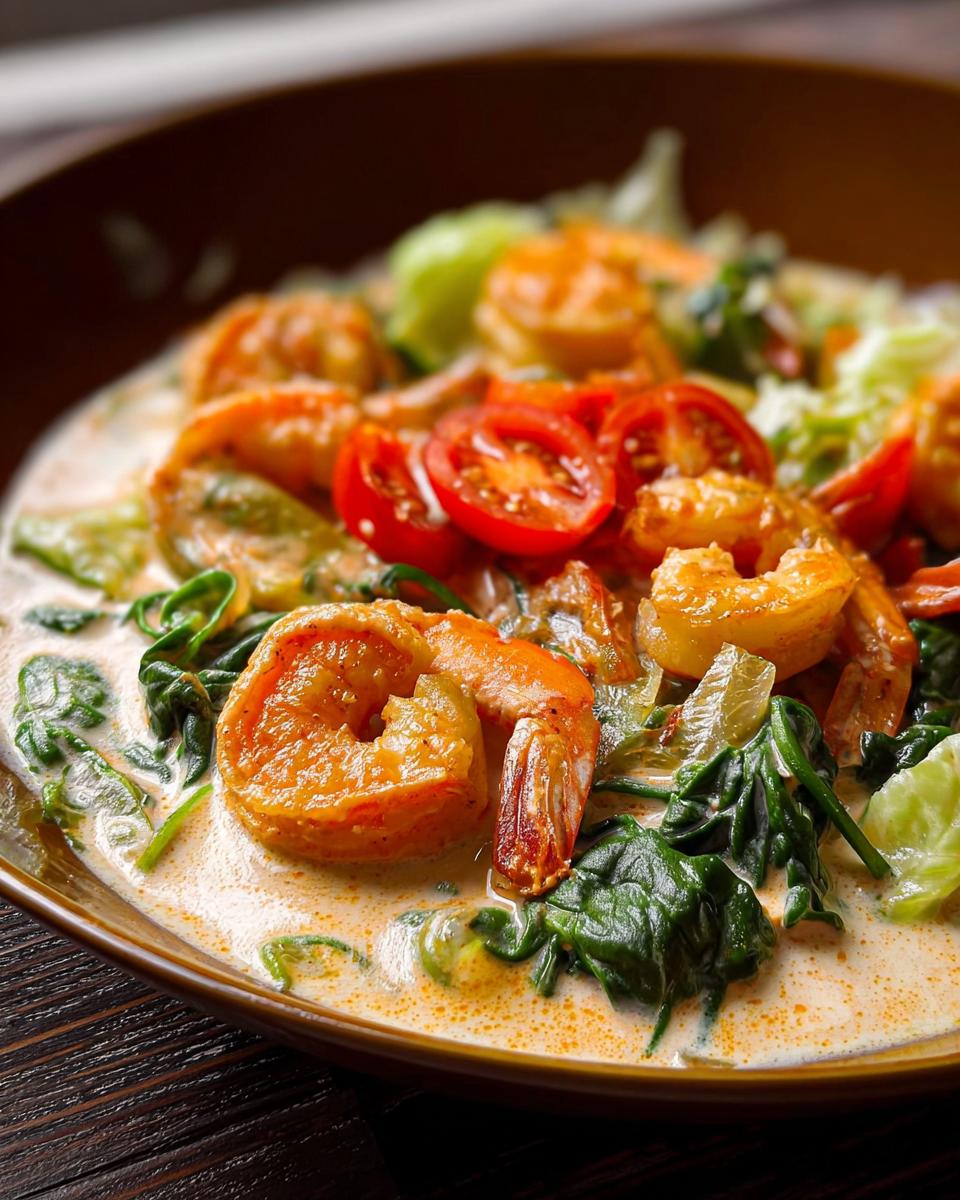 Close-up of a creamy shrimp recipe with plump shrimp, halved cherry tomatoes, and wilted spinach in a rich sauce.