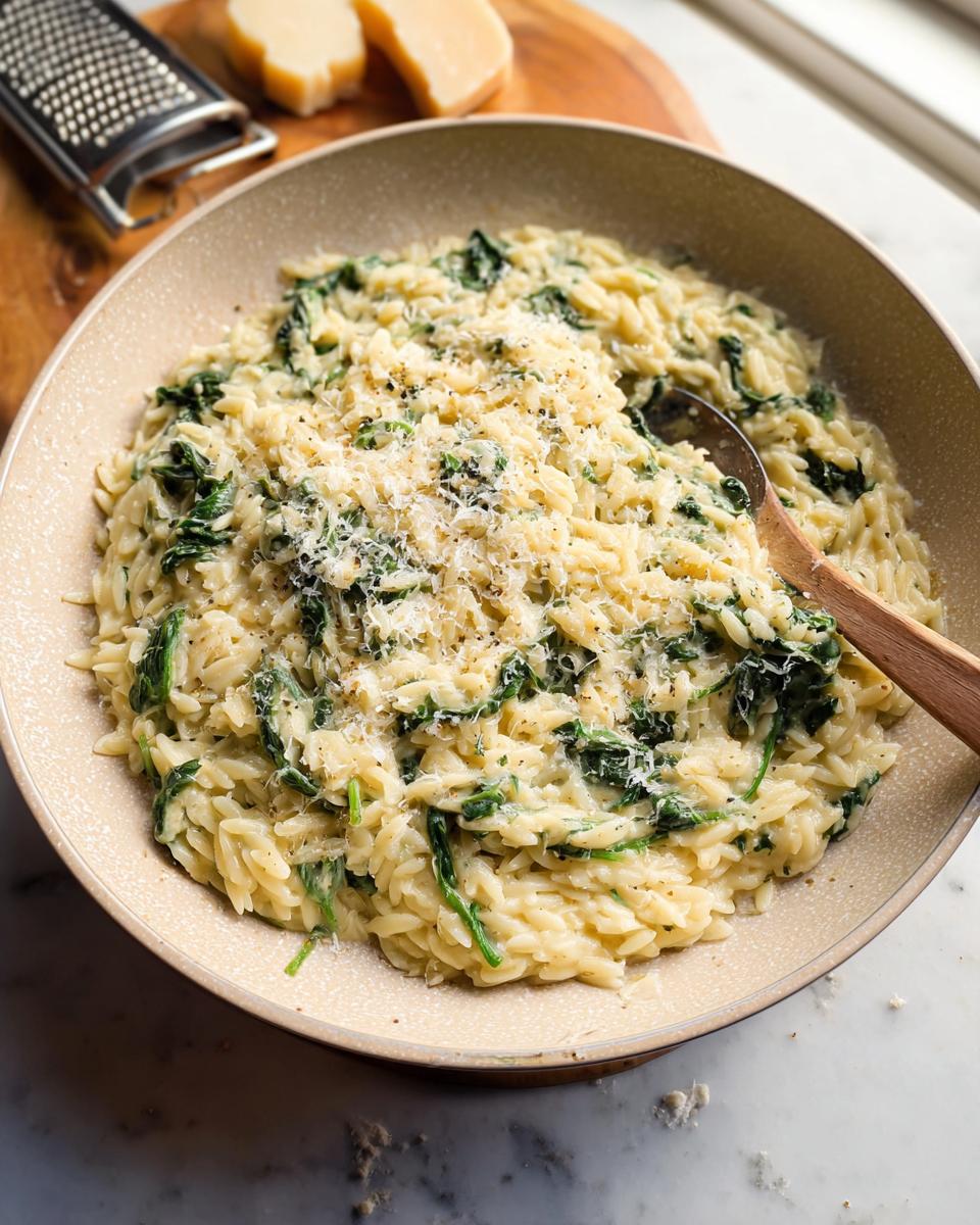 A bowl of creamy spinach orzo, a delicious veggie side dish, topped with grated parmesan cheese.