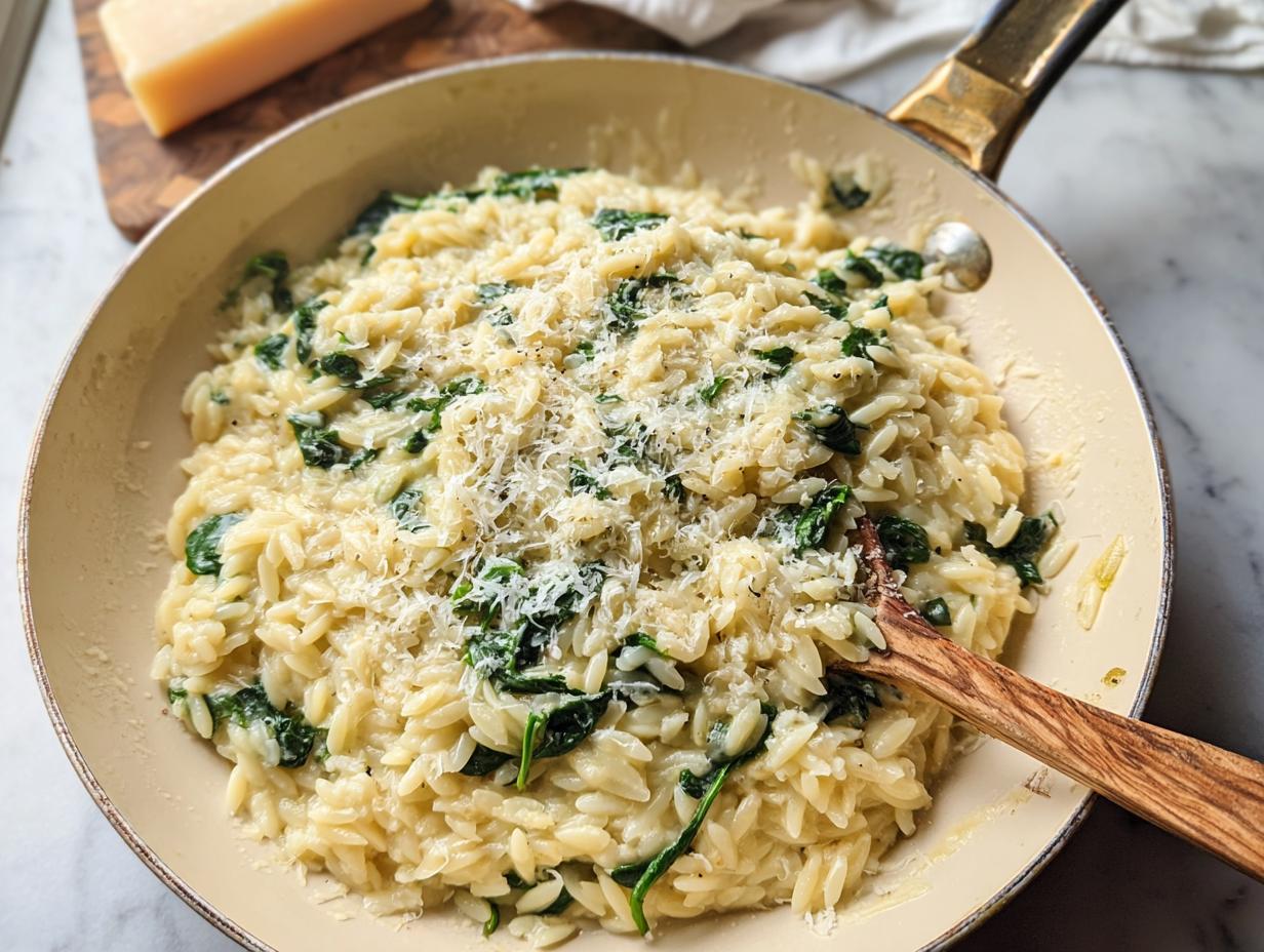Close-up of creamy spinach orzo in a pan, topped with grated Parmesan cheese. A perfect veggie sides recipe.
