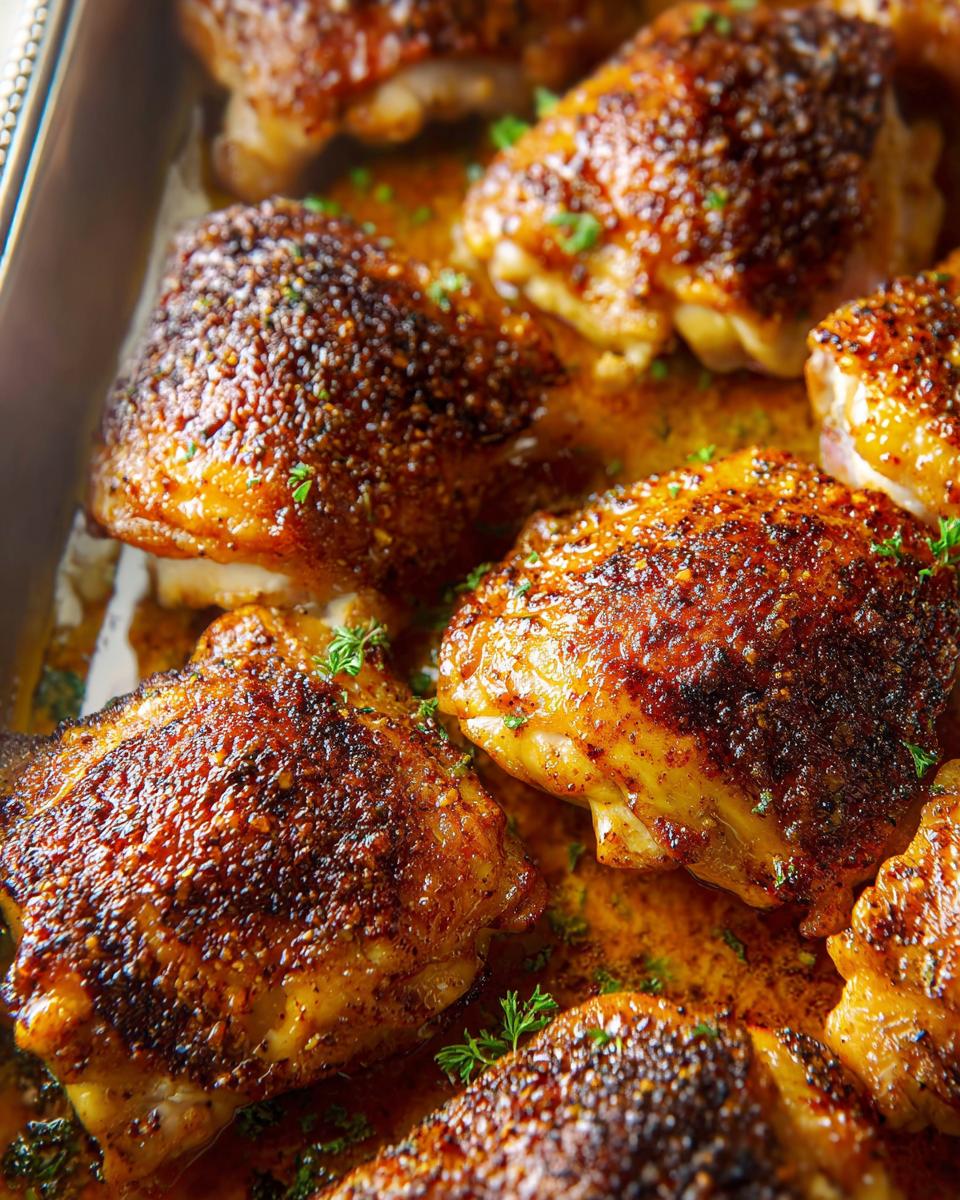 Close-up of perfectly baked chicken thighs with crispy skin and seasoned with herbs.
