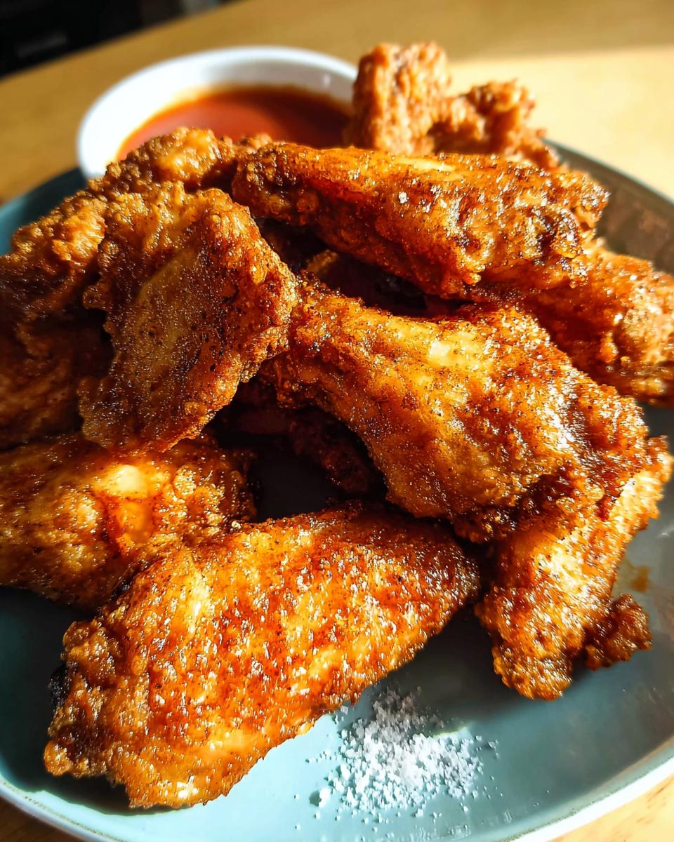 A close-up of a pile of crispy, golden-brown baked chicken wings served with a side of dipping sauce.