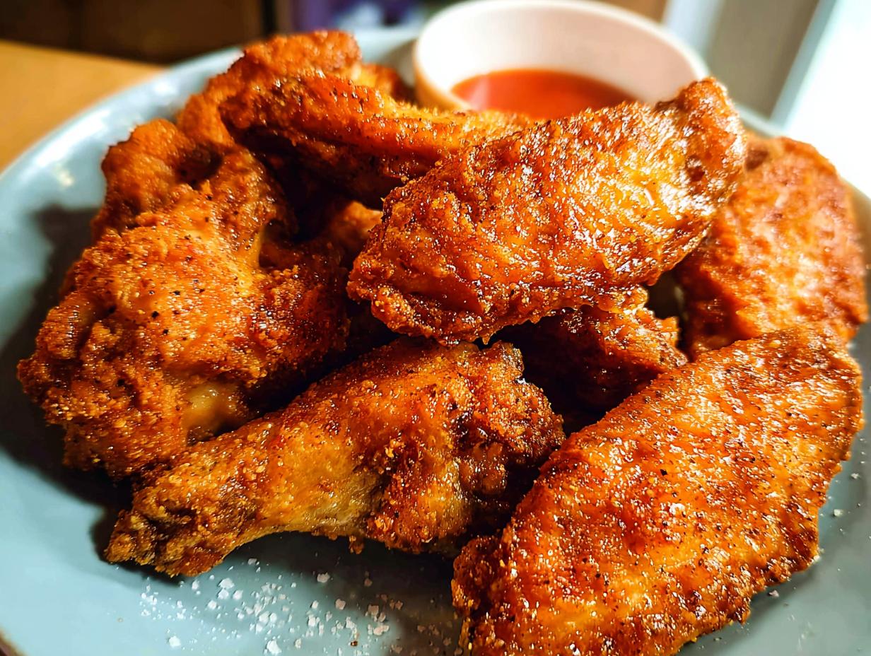A plate of delicious, crispy baked chicken wings seasoned with spices, served with a side of dipping sauce.