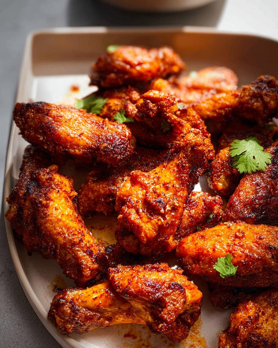 Close-up of a platter of crispy baked chicken wings, seasoned with spices and garnished with cilantro.
