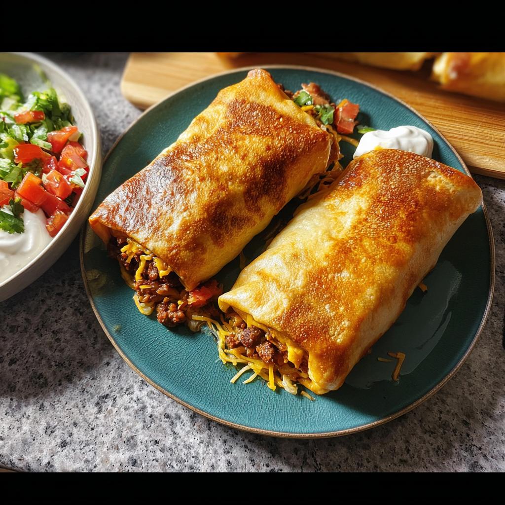 Two golden-brown, crispy burritos filled with seasoned ground beef and shredded cheese, served on a teal plate with a side of salsa and sour cream.