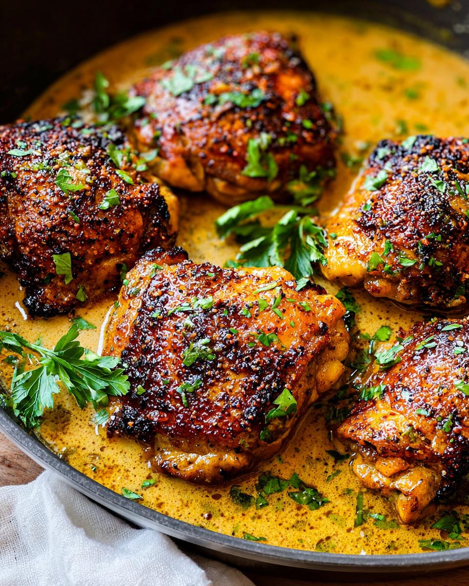 Close-up of crispy, pan-seared chicken thighs in a rich, golden sauce, garnished with fresh parsley. A perfect example of 20-minute chicken thigh recipes.