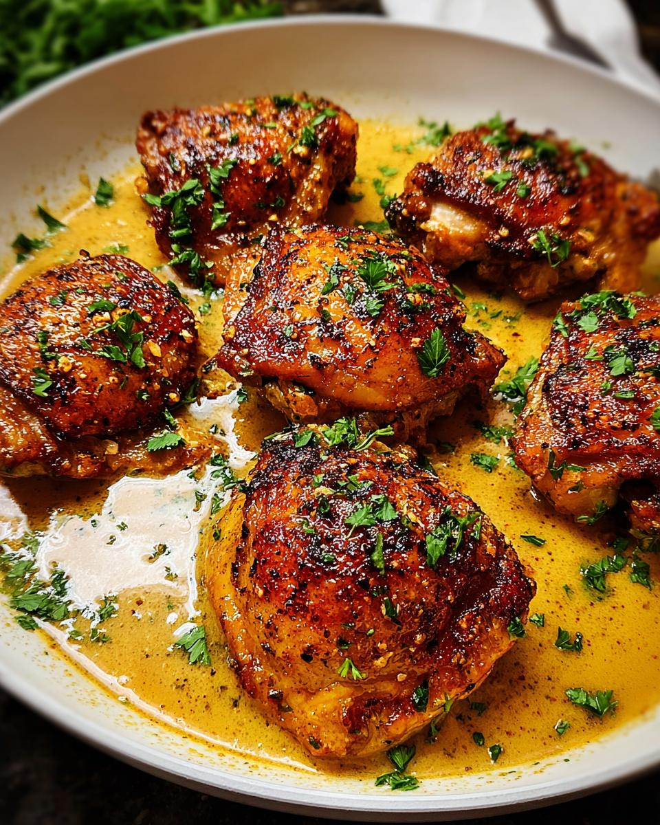 Close-up of crispy, golden-brown chicken thighs in a savory sauce, garnished with fresh parsley. Perfect for quick chicken thigh recipes.