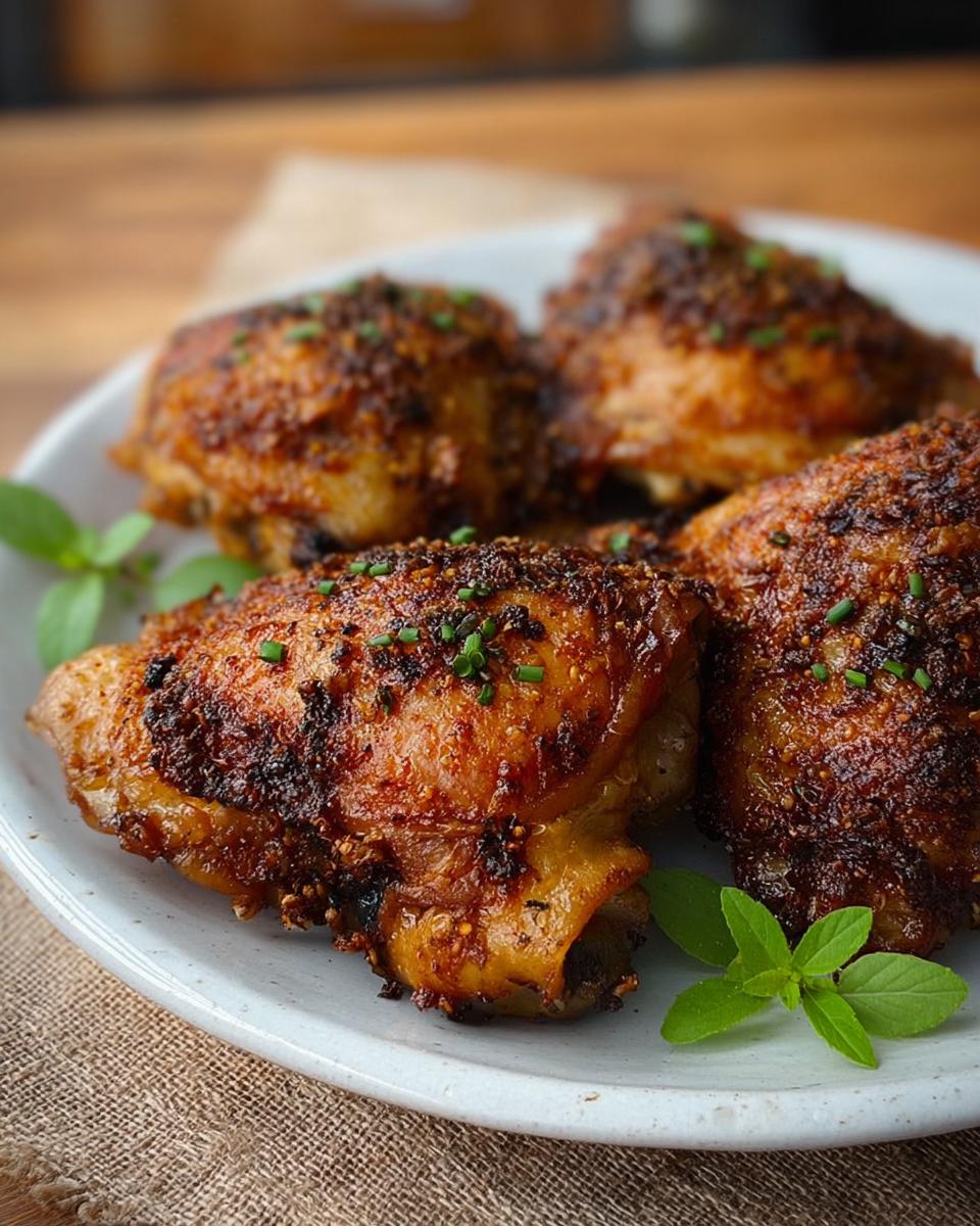 Close-up of four crispy chicken thighs, seasoned and garnished with chives, on a white plate.