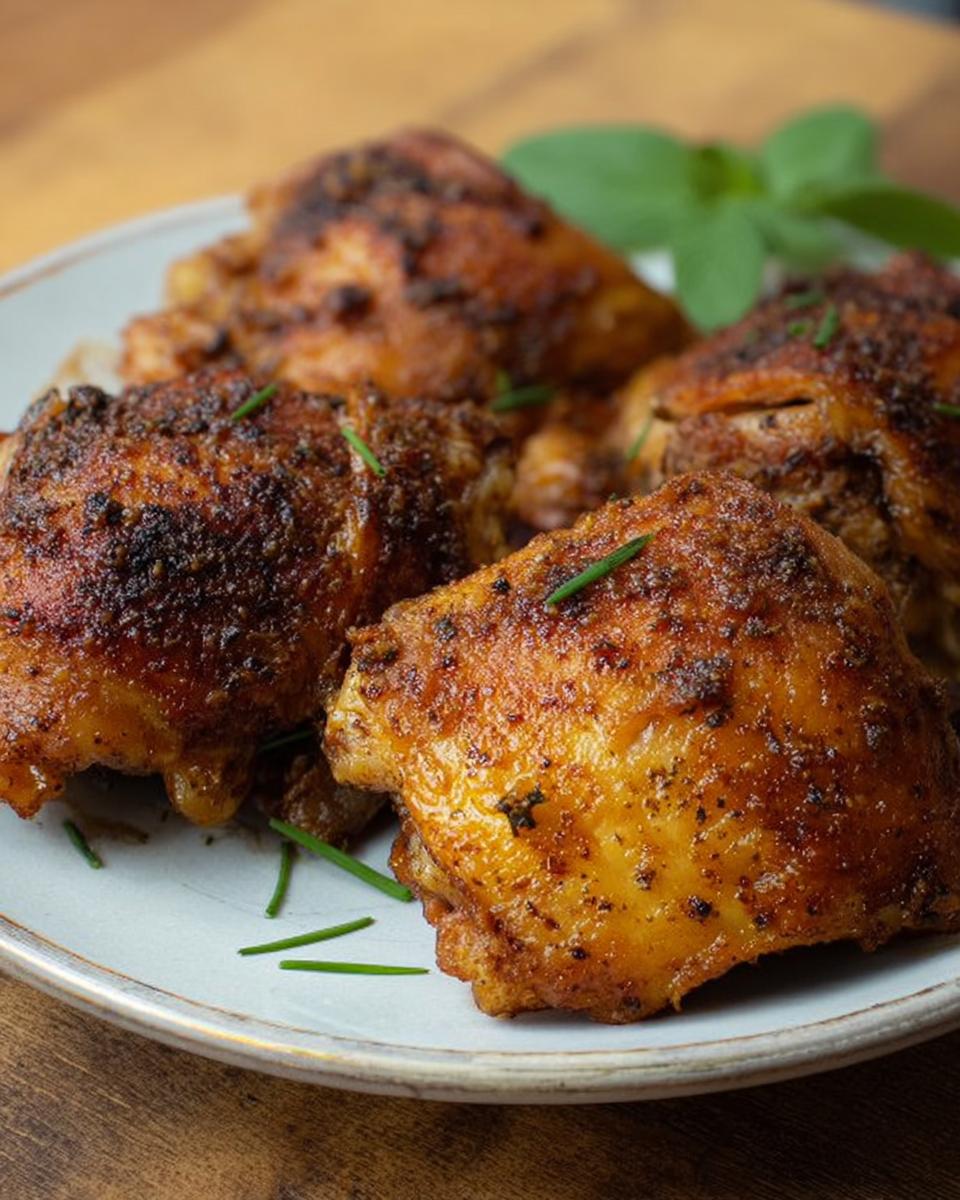 Close-up of four perfectly cooked crispy chicken thighs seasoned and garnished with chives.