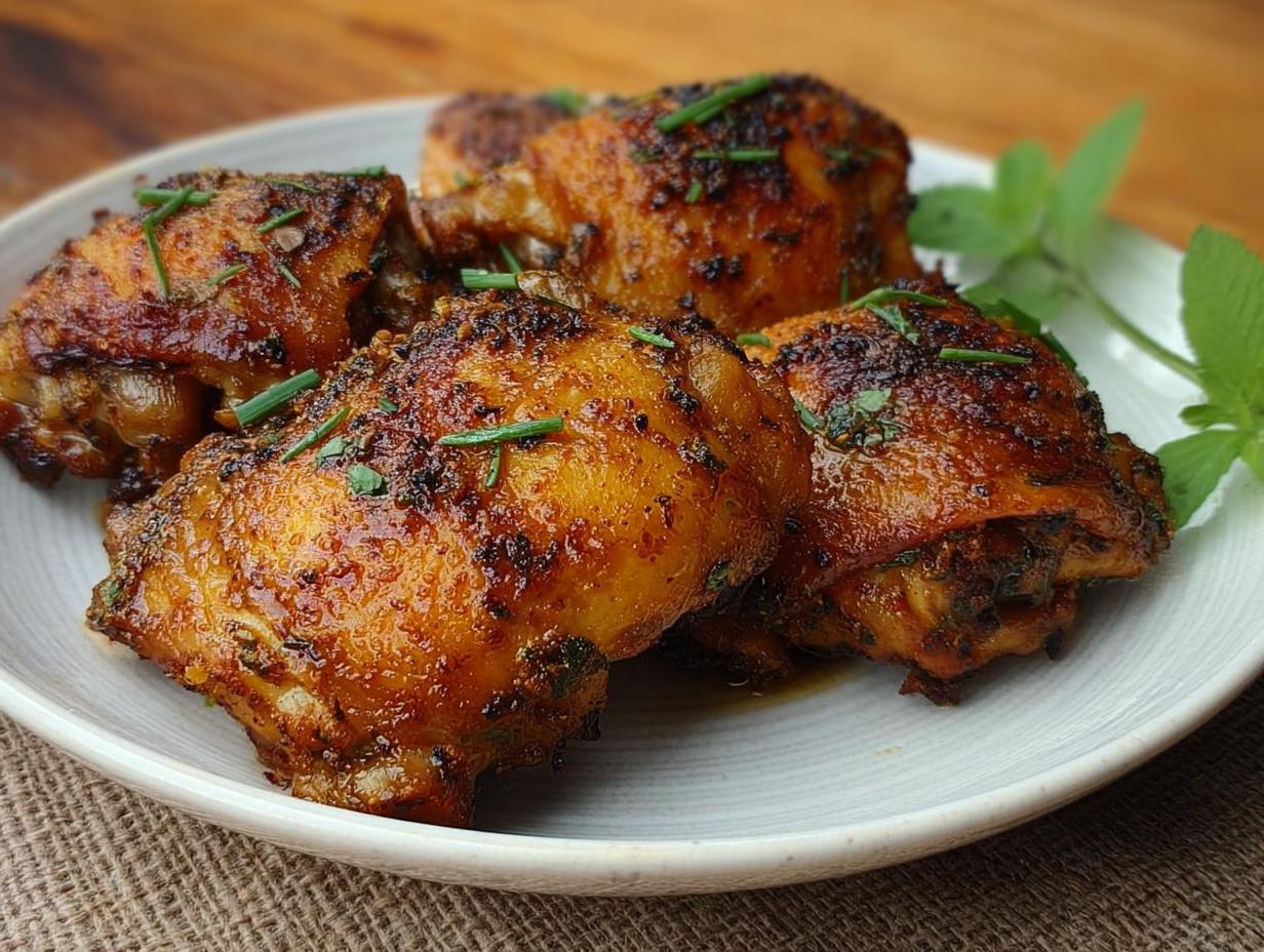 A plate of perfectly cooked crispy chicken thighs, seasoned and garnished with fresh herbs.