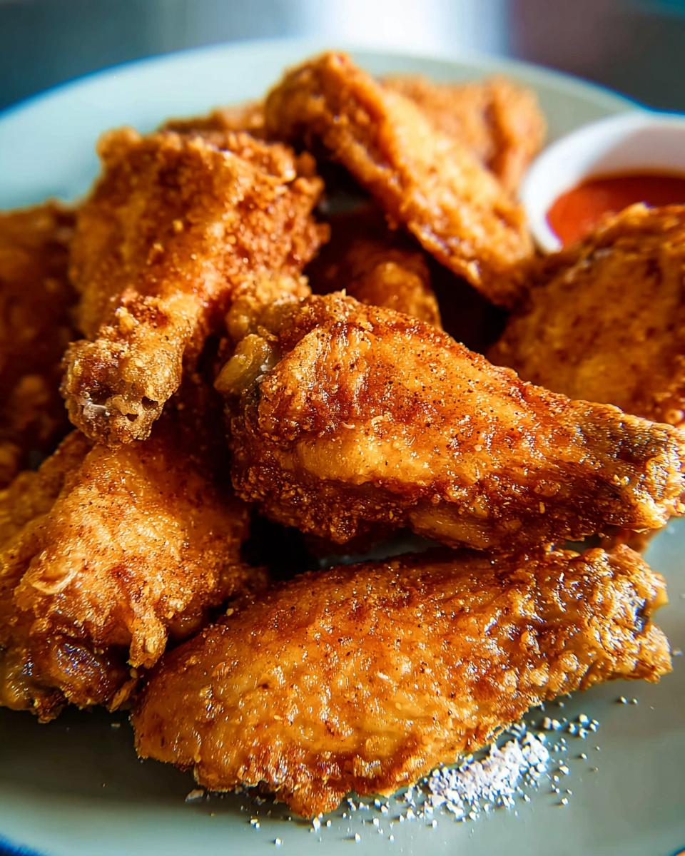 Close-up of golden-brown, crispy chicken wings seasoned with spices, served with a side of dipping sauce.