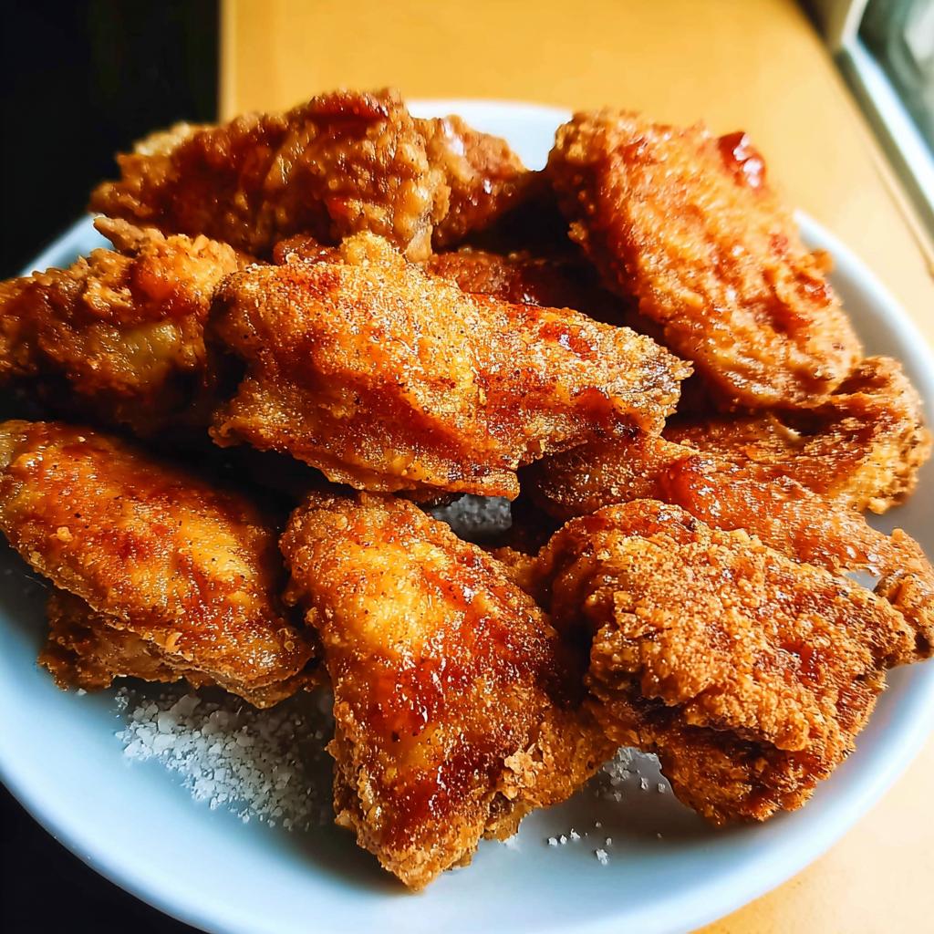 A close-up of a pile of crispy, golden-brown chicken wings, glistening with sauce.