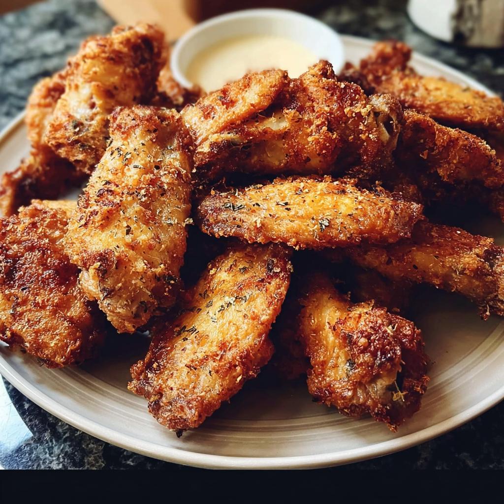 A plate full of perfectly crispy, golden-brown chicken wings seasoned with herbs, ready to be enjoyed with a side of dipping sauce.