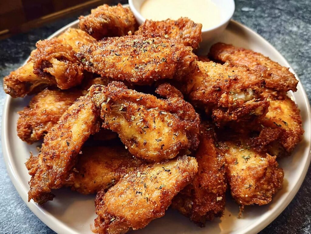 A plate full of golden-brown, crispy chicken wings seasoned with herbs, ready to be enjoyed with a side of dipping sauce.