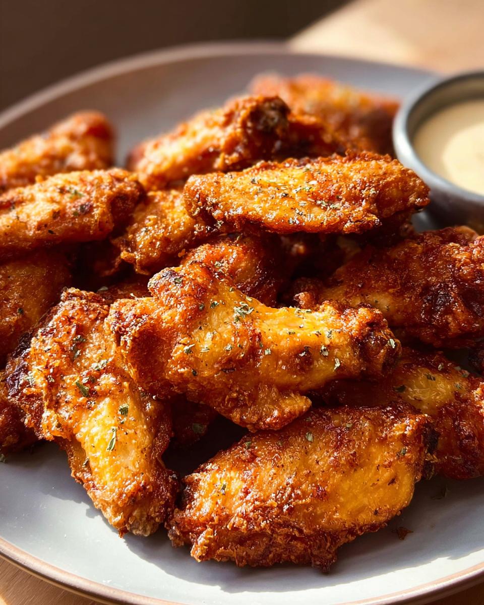 A close-up of a pile of perfectly crispy, golden-brown chicken wings, seasoned with herbs, ready to be enjoyed.