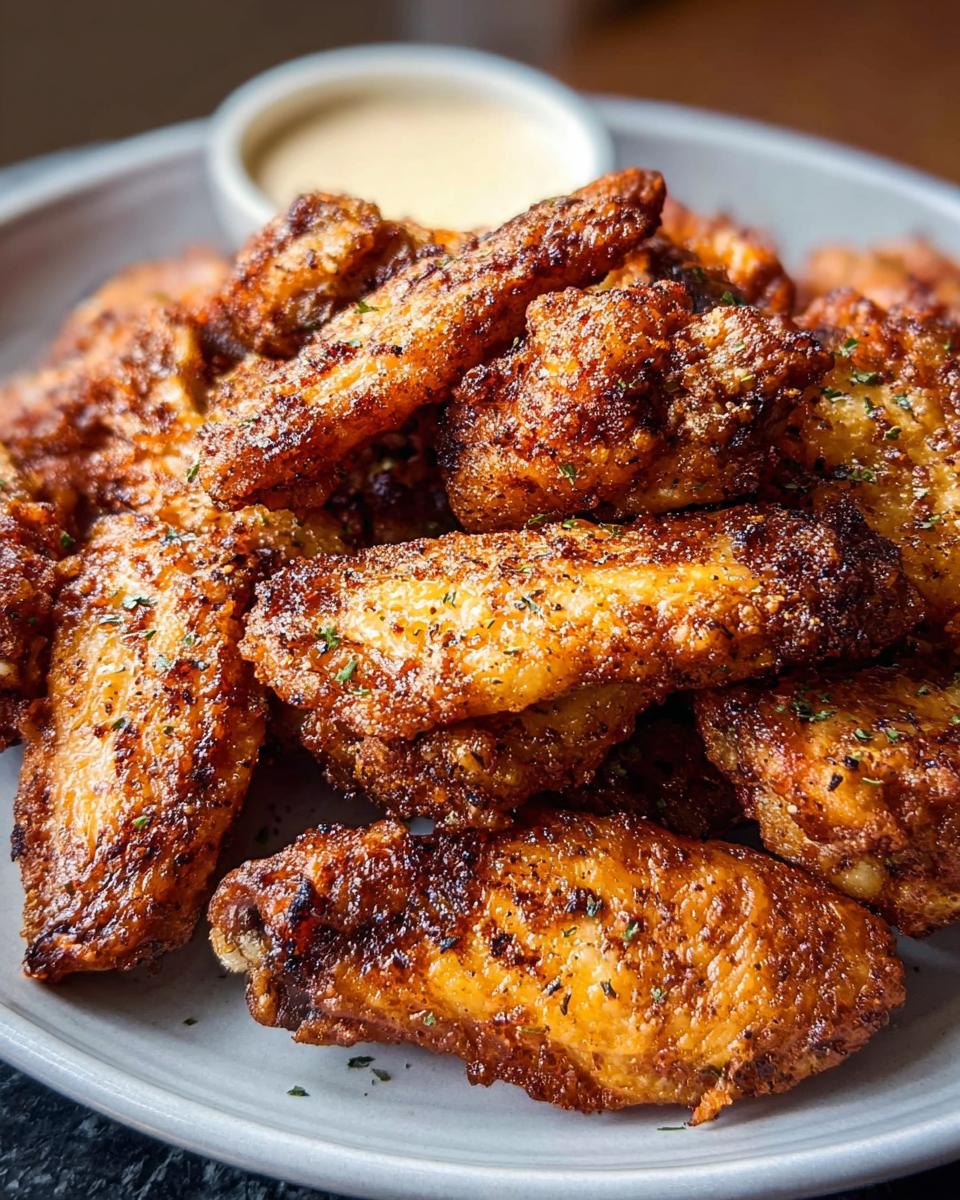 A close-up of a pile of perfectly crispy chicken wings, seasoned and garnished with herbs, served with a side of dipping sauce.