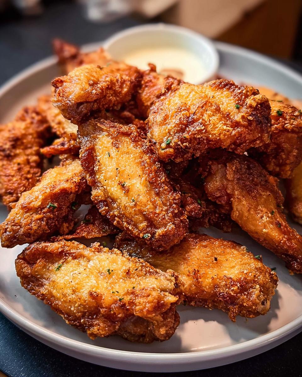 A plate of golden-brown, crispy chicken wings, seasoned with herbs, served with a side of dipping sauce.